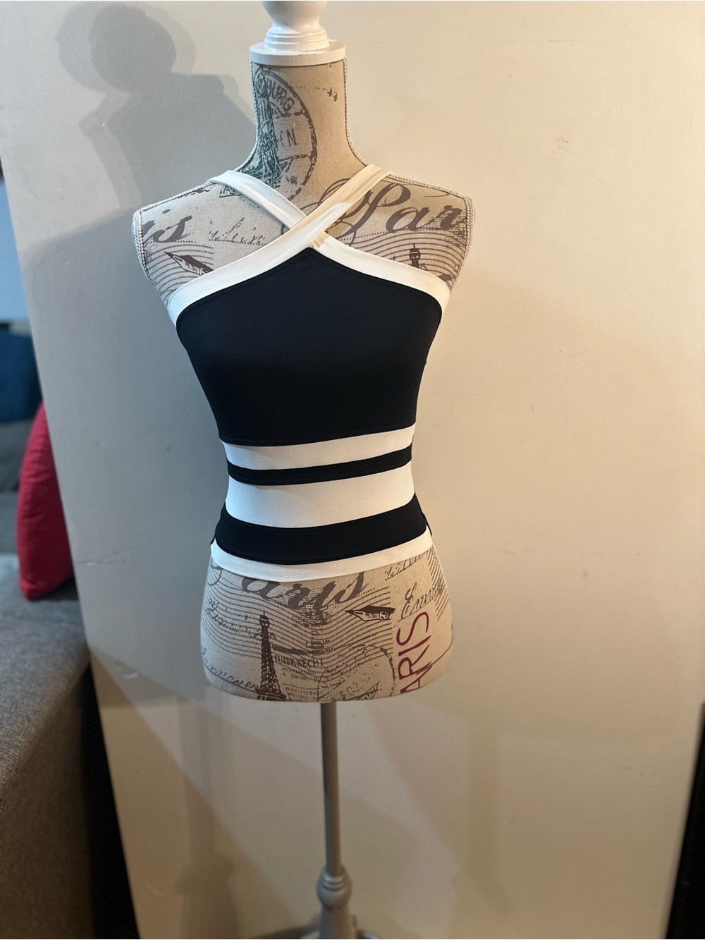 Asymmetrical Black and White Striped Halter Neck Tank Top